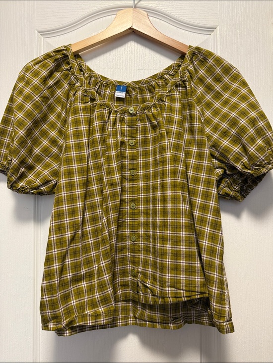 Old Navy Tops - Old Navy Olive Plaid Button-Front Peasant Top, 100% cotton
